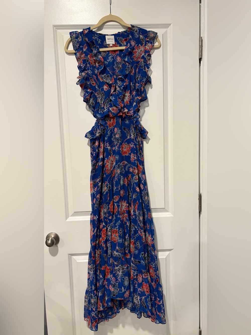 MISA Natasha Floral Ruffle Maxi Dress in Royal Blue